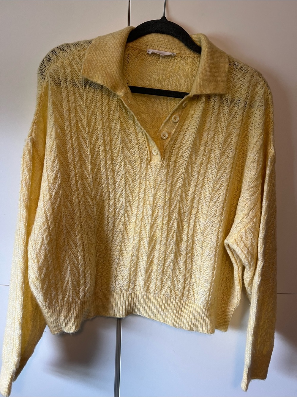 Mango MNG Pale Yellow Cable-Knit V-Neck Polo Sweater